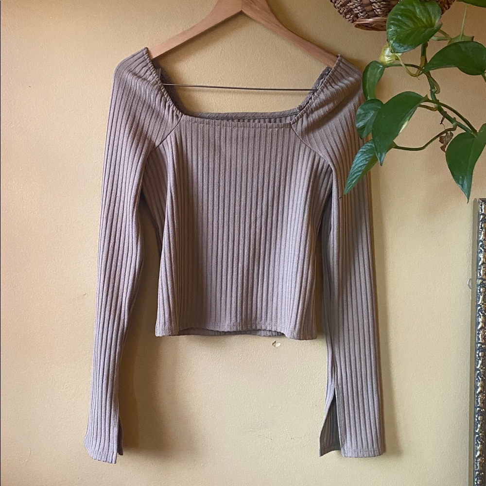 Madewell Ribbed Square-Neck Long Sleeve Top — Taupe
